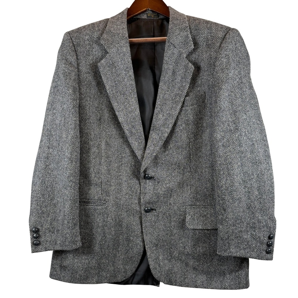 VTG Members Only Men's 40R 100% Wool Herringbone Blazer Black Gray Made Russia